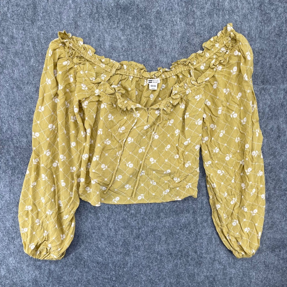 Billabong Off The Shoulder Crop Top Medium Long Sleeve Mustard Yellow Floral